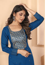 Thumbnail for Monjolika Fashion Dark Blue Colour Rayon Embroidered Designer Long Kurti