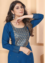 Thumbnail for Monjolika Fashion Dark Blue Colour Rayon Embroidered Designer Long Kurti