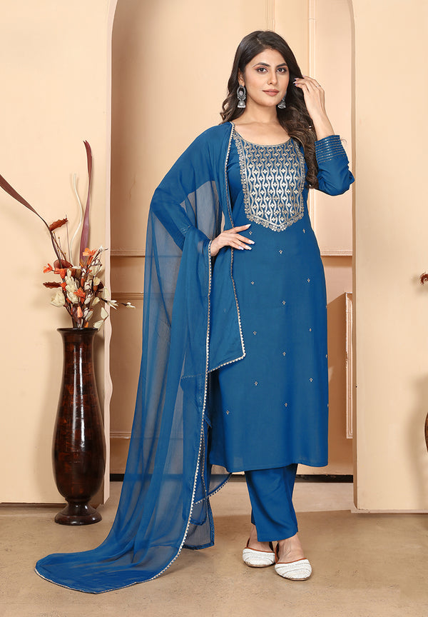 Monjolika Fashion Dark Blue Colour Rayon Embroidered Designer Long Kurti