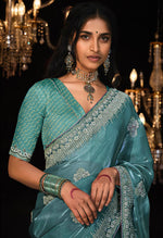 Thumbnail for Monjolika Fashion Teal Blue Colour Tissue Silk Embroidered Saree