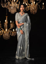 Thumbnail for Monjolika Fashion Grey Colour Tissue Silk Embroidered Saree