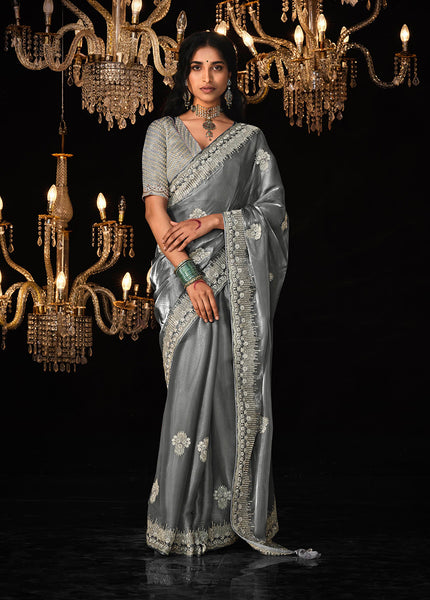 Monjolika Fashion Grey Colour Tissue Silk Embroidered Saree