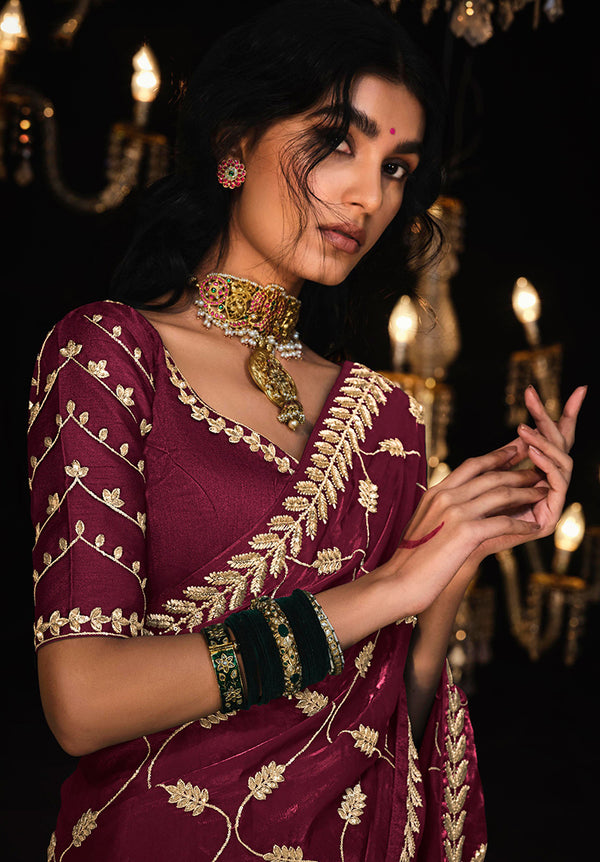 Monjolika Fashion Wine Colour Tissue Silk Trendy Sarees For Women