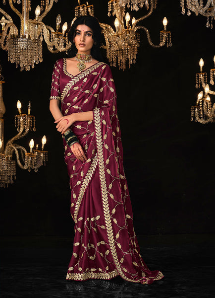 Monjolika Fashion Wine Colour Tissue Silk Trendy Sarees For Women