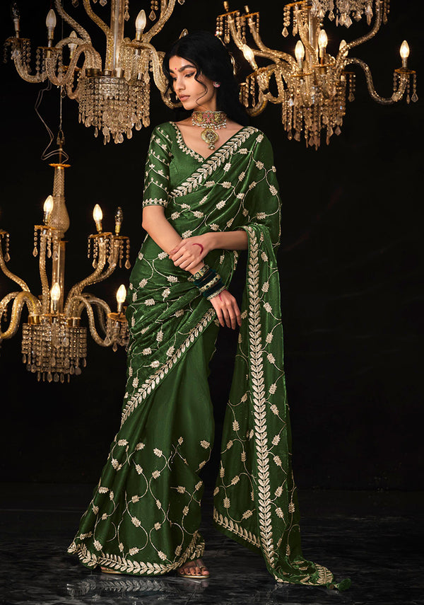 Monjolika Fashion Mehendi Colour Tissue Silk Trendy Sarees For Women