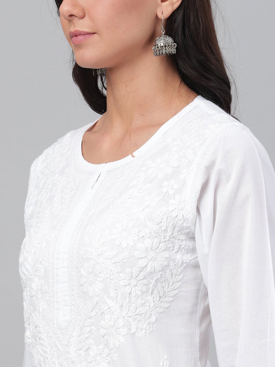 ADA Women White Chikankari Hand-Embroidered Straight Sustainable Handloom Kurta - Distacart