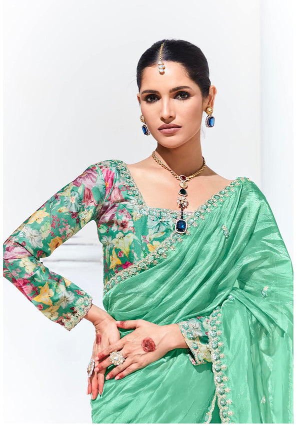 Monjolika Fashion Light Cyan Embroidered Sequence Work Saree For Festival