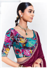 Thumbnail for Monjolika Fashion Plum Embroidered Sequence Work Saree For Festival