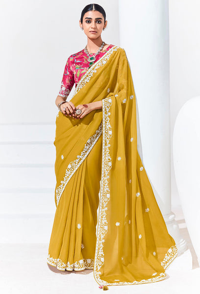 Monjolika Fashion Mustard Embroidered Sequence Work Saree For Festival