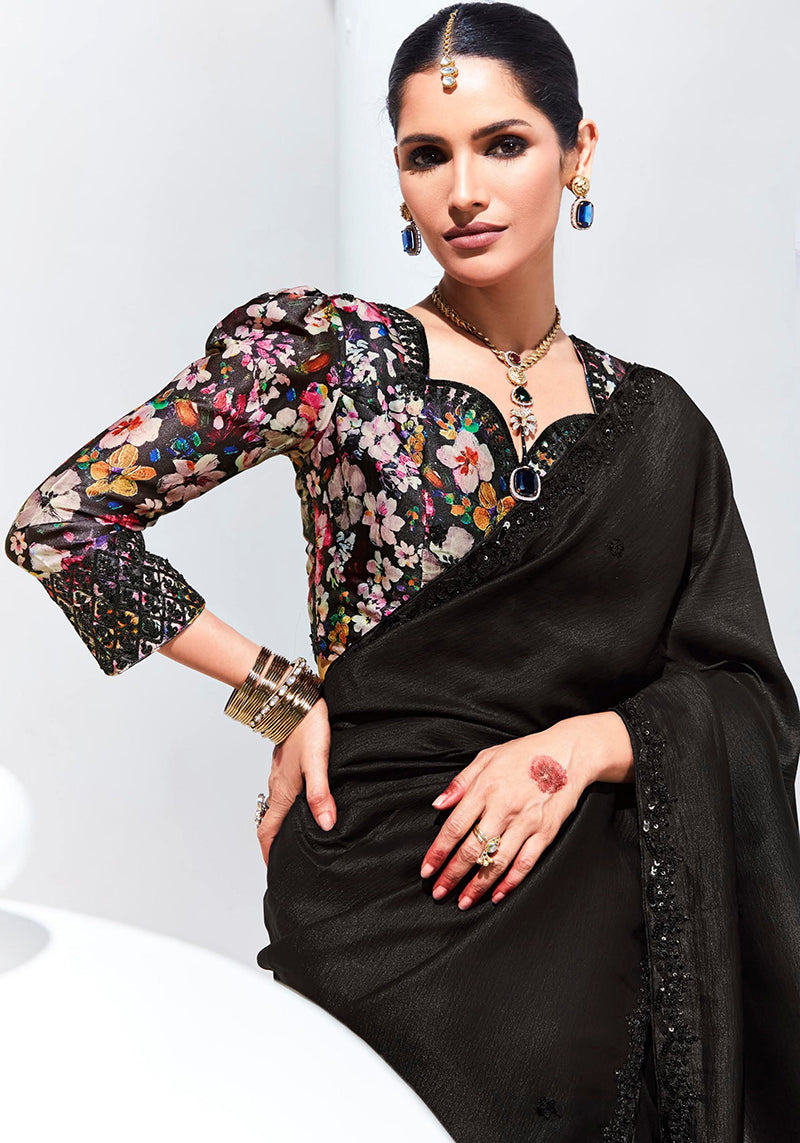 Monjolika Fashion Black Embroidered Sequence Work Saree For Festival