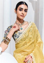 Thumbnail for Monjolika Fashion Light Yellow Embroidered Sequence Work Saree For Festival