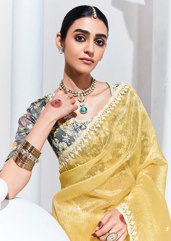Monjolika Fashion Light Yellow Embroidered Sequence Work Saree For Festival