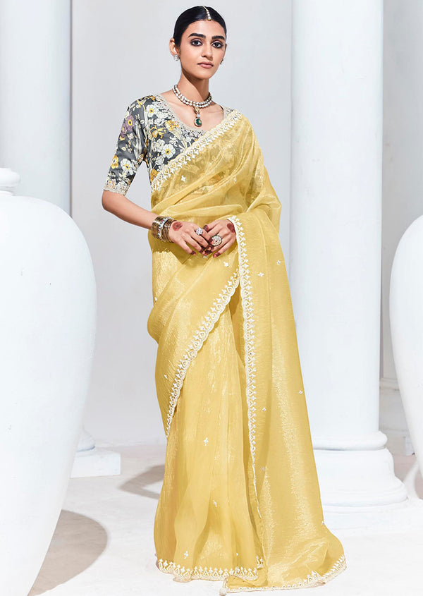 Monjolika Fashion Light Yellow Embroidered Sequence Work Saree For Festival