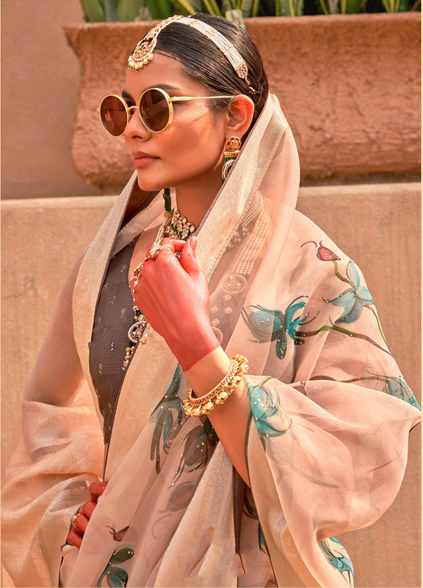 Monjolika Fashion Organza Printed Cream Contemporary Saree