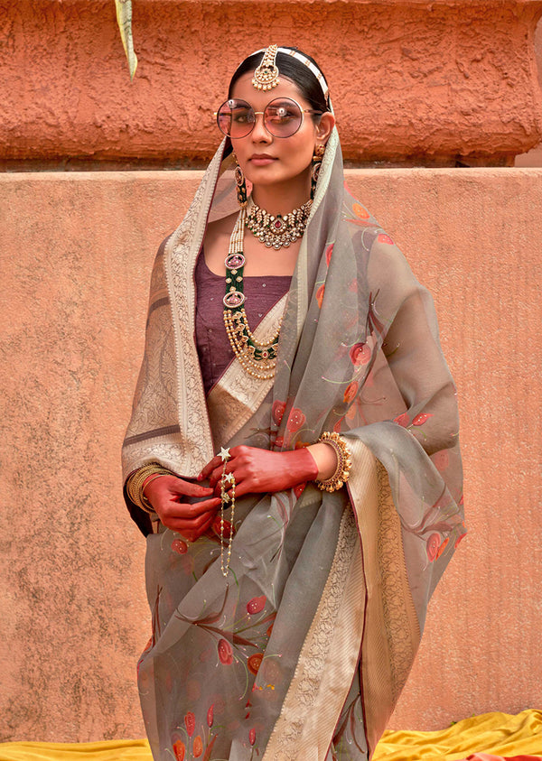 Monjolika Fashion Organza Printed Grey Contemporary Saree