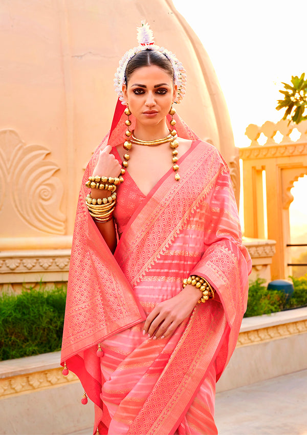 Monjolika Fashion Foil Print Peach Silk Ceremonial Saree