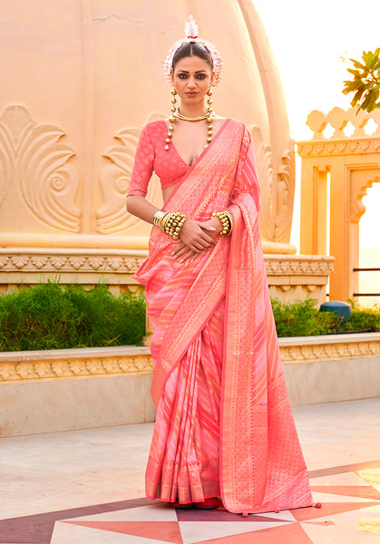 Monjolika Fashion Foil Print Peach Silk Ceremonial Saree
