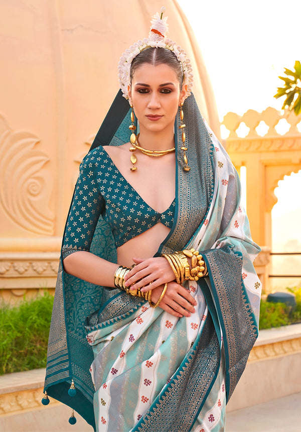 Monjolika Fashion Saree Foil Print Silk In Teal