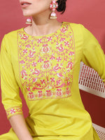 Thumbnail for Vishudh Women Lime Green Floral Yoke Design Thread Work Kurta with Trousers & With Dupatta - Distacart