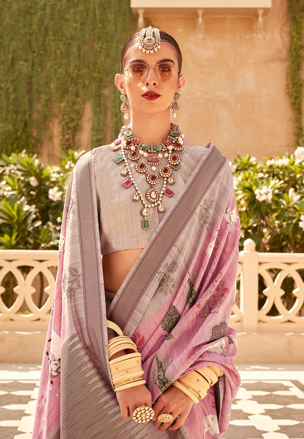 Monjolika Fashion Pink Raw Silk Foliage Prints Trendy Saree