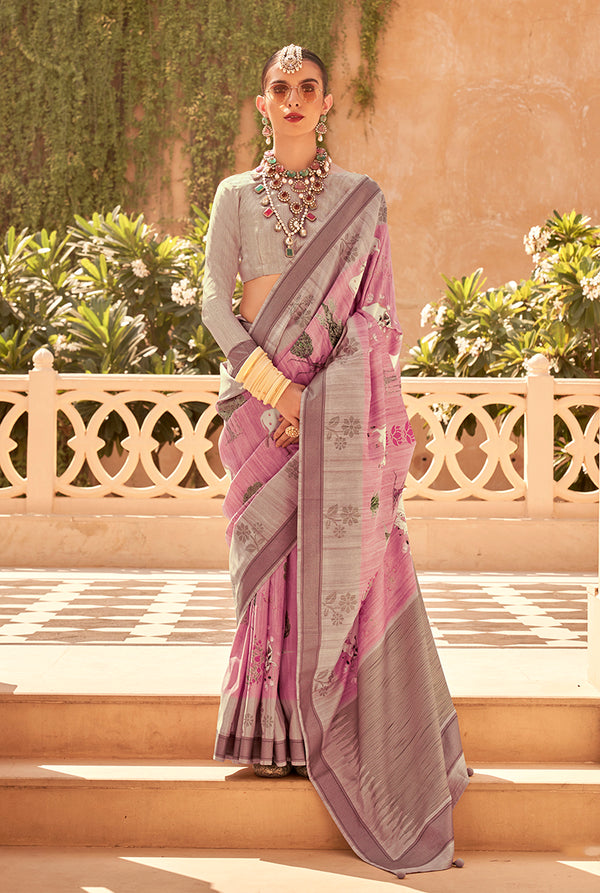 Monjolika Fashion Pink Raw Silk Foliage Prints Trendy Saree