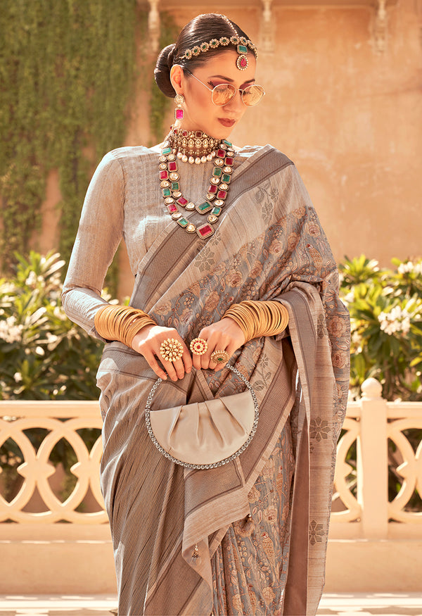 Monjolika Fashion Raw Silk Beige Foil Print Contemporary Saree