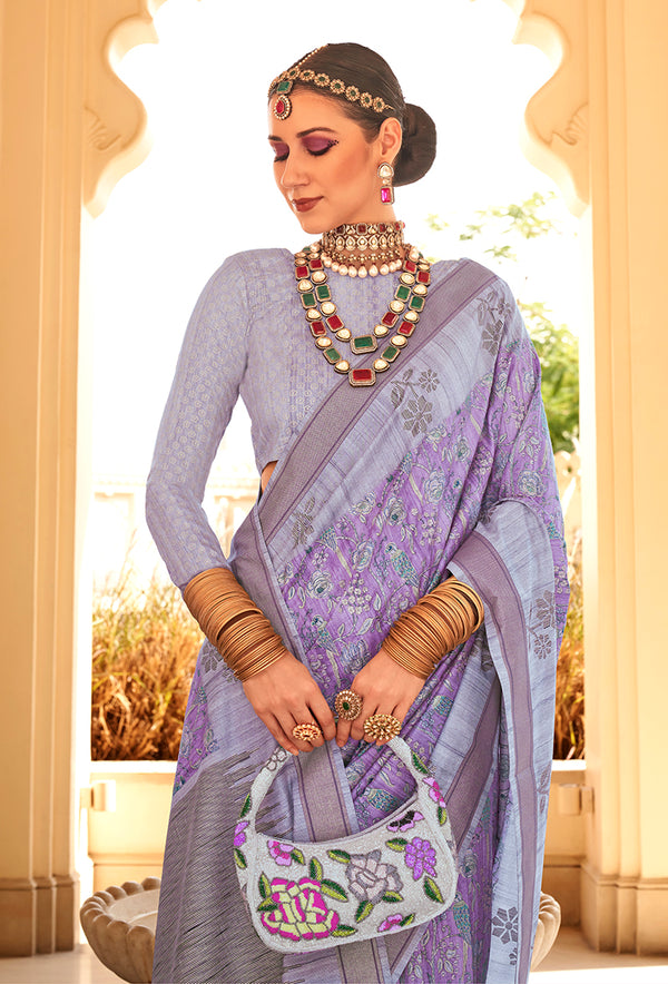 Monjolika Fashion Raw Silk Foil Print Lavender Trendy Saree