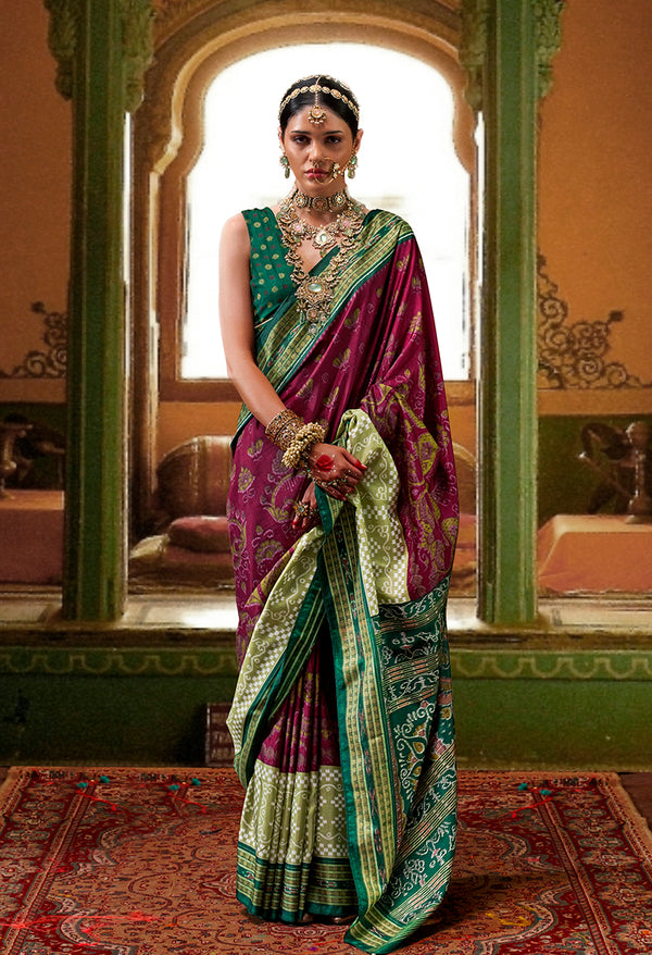 Monjolika Fashion Silk Burgundy Patola Print Classic Saree