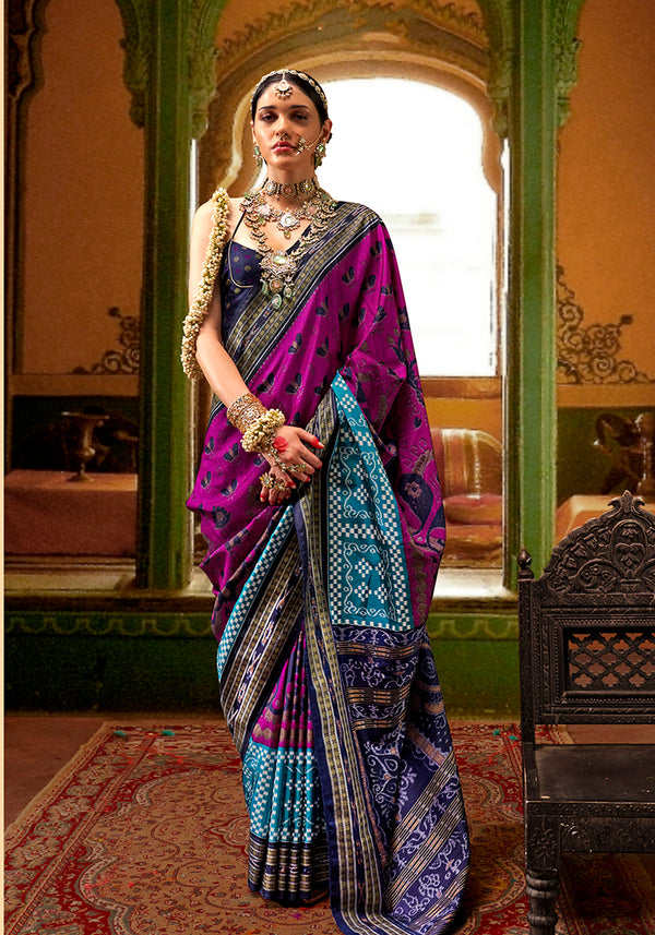Monjolika Fashion Magenta Silk Patola Print Contemporary Saree
