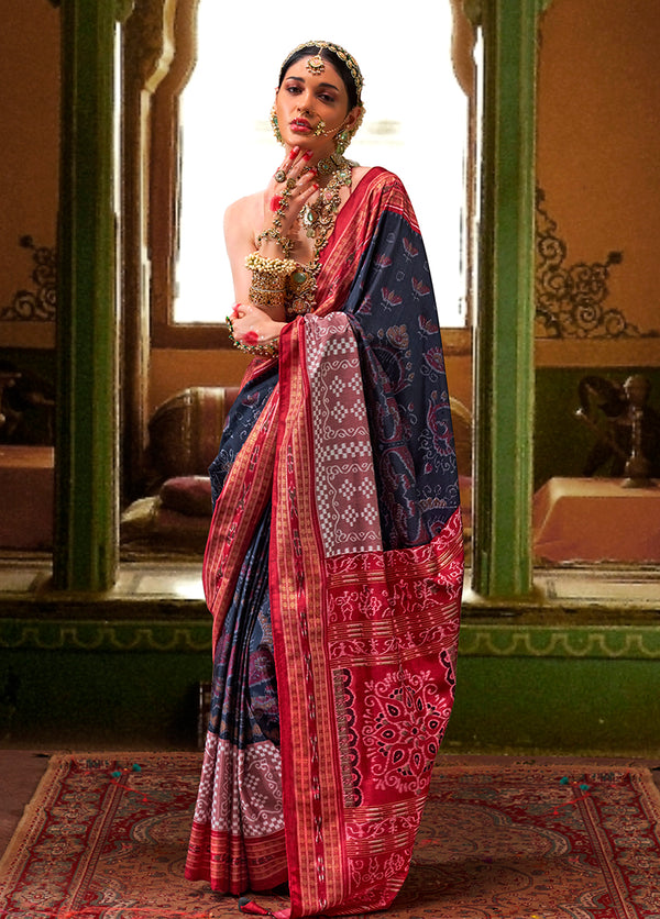 Monjolika Fashion Silk Patola Print Navy Blue Traditional Saree