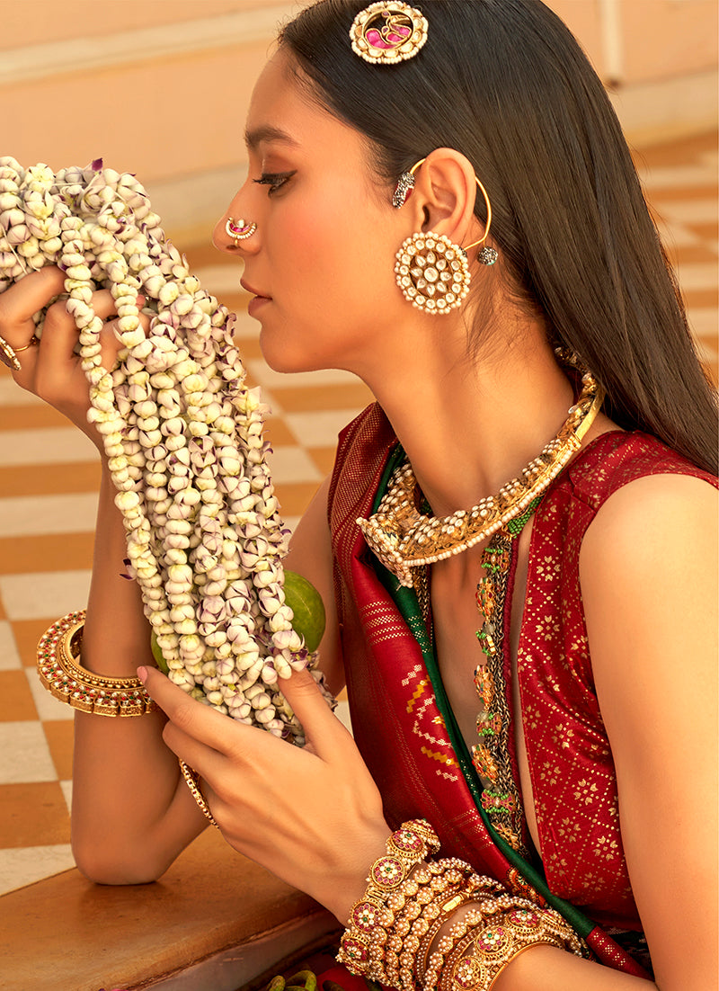 Monjolika Fashion Silk Dark Green Foil Print Patola Traditional Saree