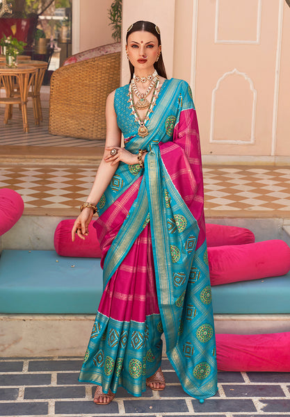 Monjolika Fashion Silk Foliage Prints Rani Pink Patola Trendy Saree