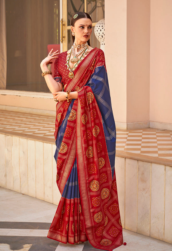 Monjolika Fashion Navy Blue Patola Foliage Prints Silk Designer Saree