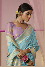 Thumbnail for Monjolika Fashion Aqua Blue Weaving Viscose Floral Printed Classic Saree