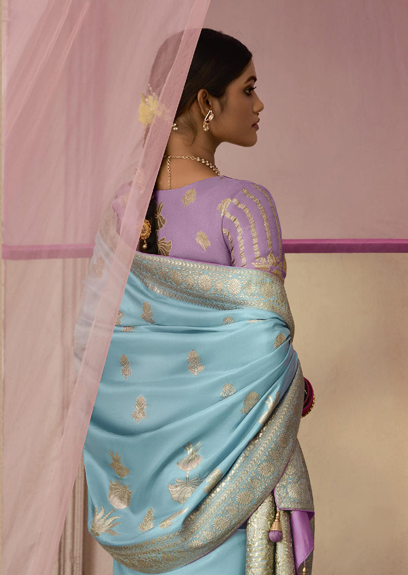 Monjolika Fashion Aqua Blue Weaving Viscose Floral Printed Classic Saree