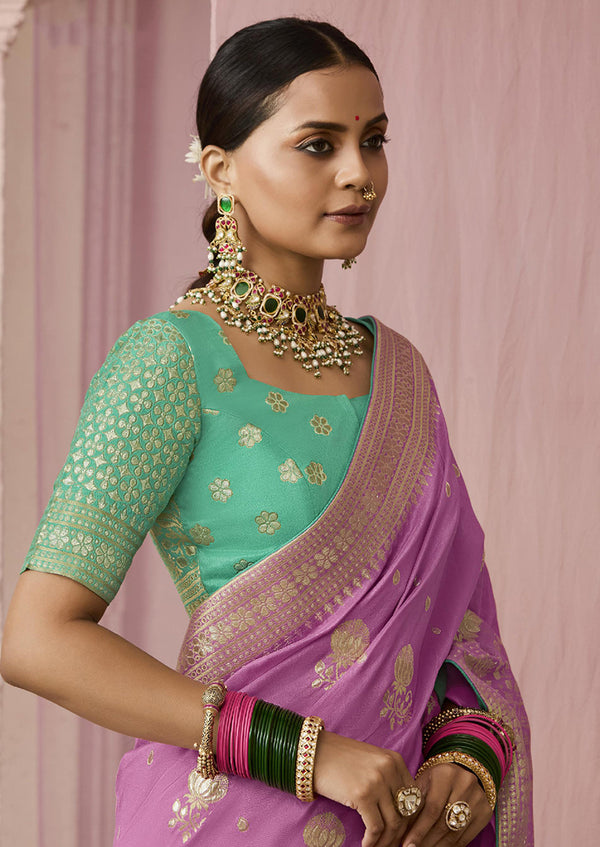 Monjolika Fashion Viscose Mauve Weaving Floral Printed Designer Saree