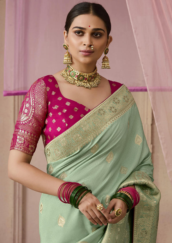 Monjolika Fashion Viscose Weaving Floral Printed Sea Green Traditional Saree