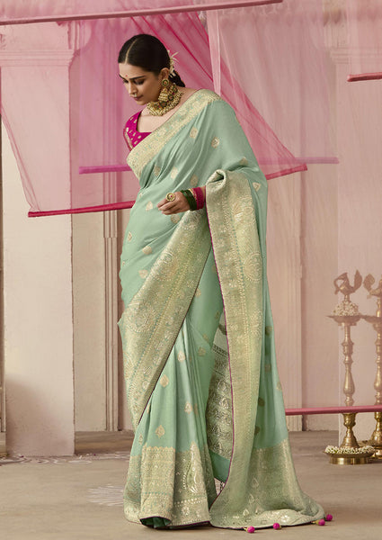 Monjolika Fashion Viscose Weaving Floral Printed Sea Green Traditional Saree