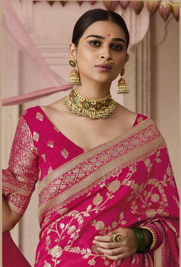 Monjolika Fashion Rani Pink Viscose Weaving Floral Printed Trendy Saree