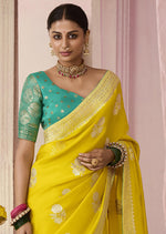 Thumbnail for Monjolika Fashion Yellow Weaving Floral Printed Viscose Classic Saree
