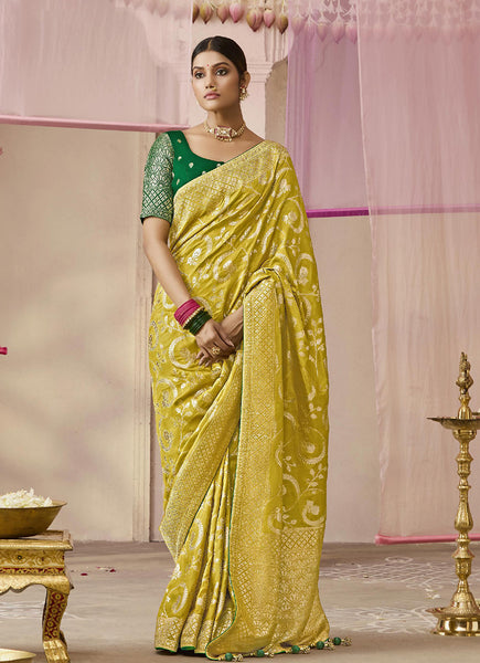 Monjolika Fashion Viscose Light Olive Weaving Floral Printed Trendy Saree