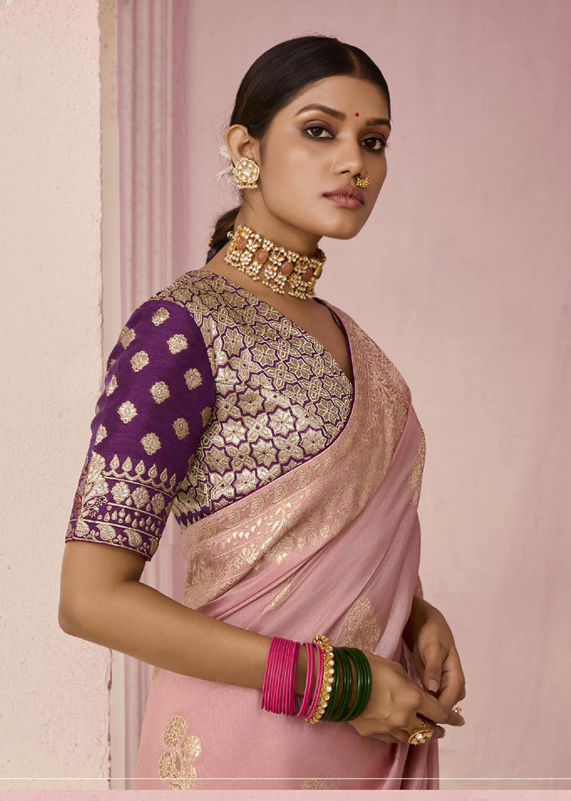 Monjolika Fashion Light Pink Weaving Floral Printed Viscose Designer Saree