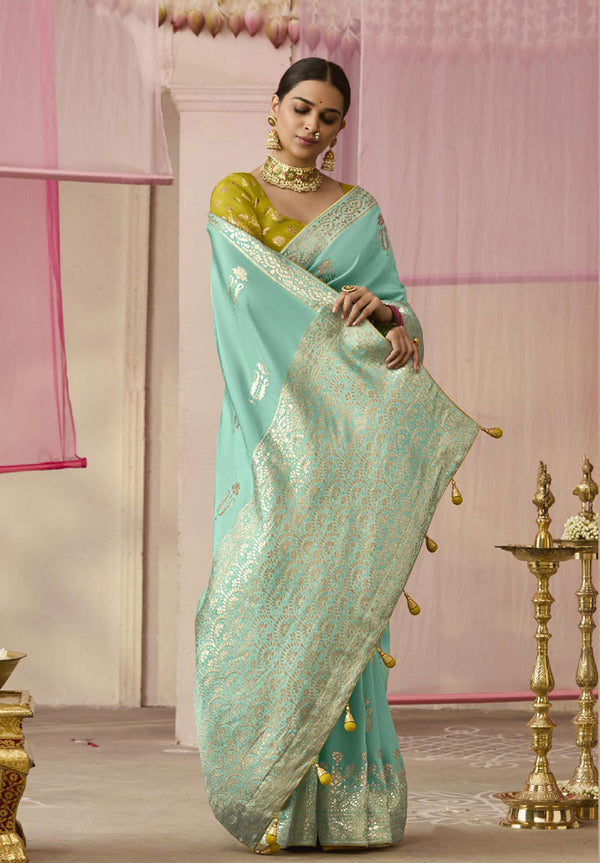 Monjolika Fashion Weaving Floral Printed Viscose Classic Saree In Aqua Blue