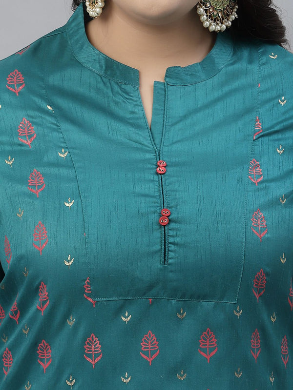 Sztori Plus Size Floral Foil Printed Mandarin Collar Straight Kurta with Trousers - Distacart