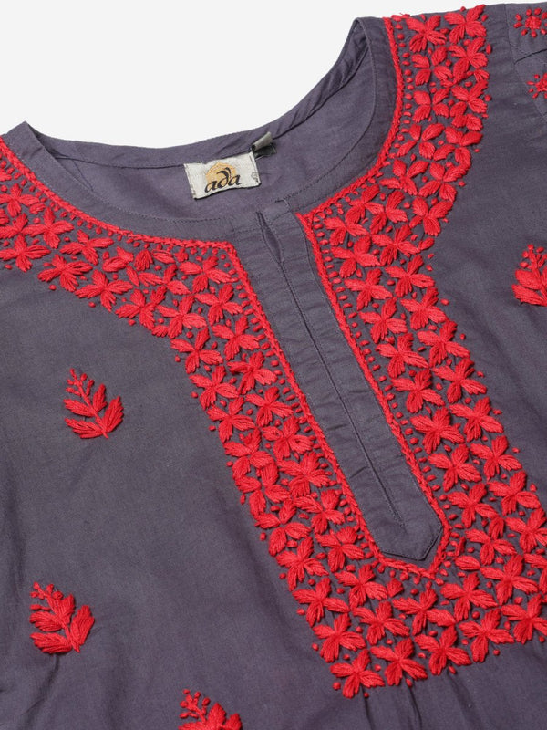 ADA Women Charcoal Grey & Red Chikankari Hand Embroidered Cotton Straight Sustainable Handloom Kurta - Distacart