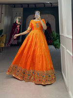 Thumbnail for Lorenvalley Orange Jacquard Silk Paithani Woven Design Gown - Distacart