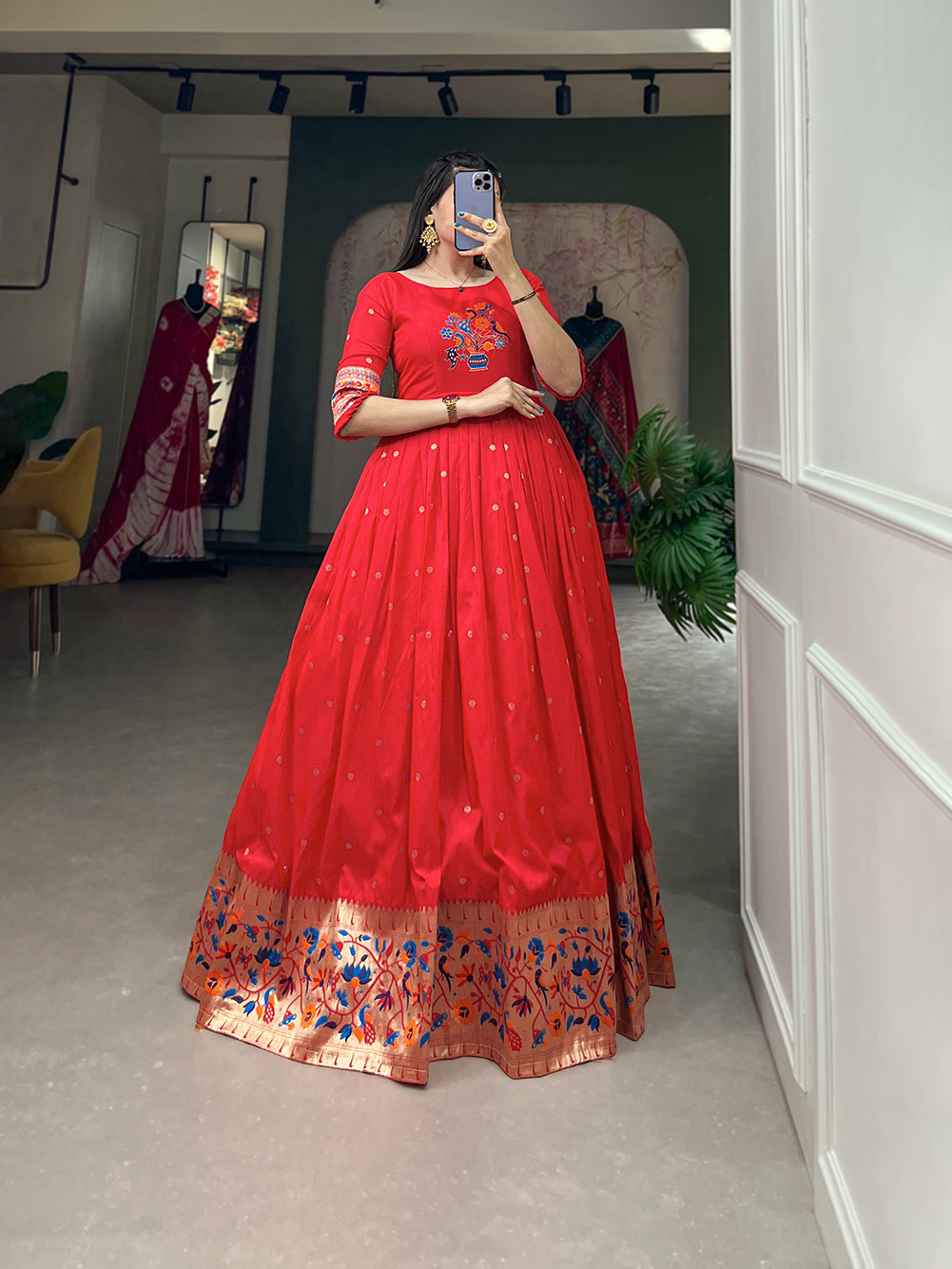 Lorenvalley Red Jacquard Silk Paithani Woven Design Gown - Distacart