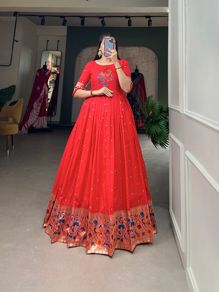 Lorenvalley Red Jacquard Silk Paithani Woven Design Gown - Distacart