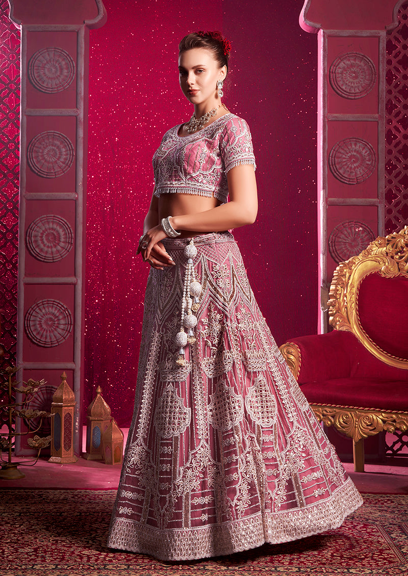 Monjolika Fashion Embroidered And Sequin Work Net Pink Wedding Lehenga Choli