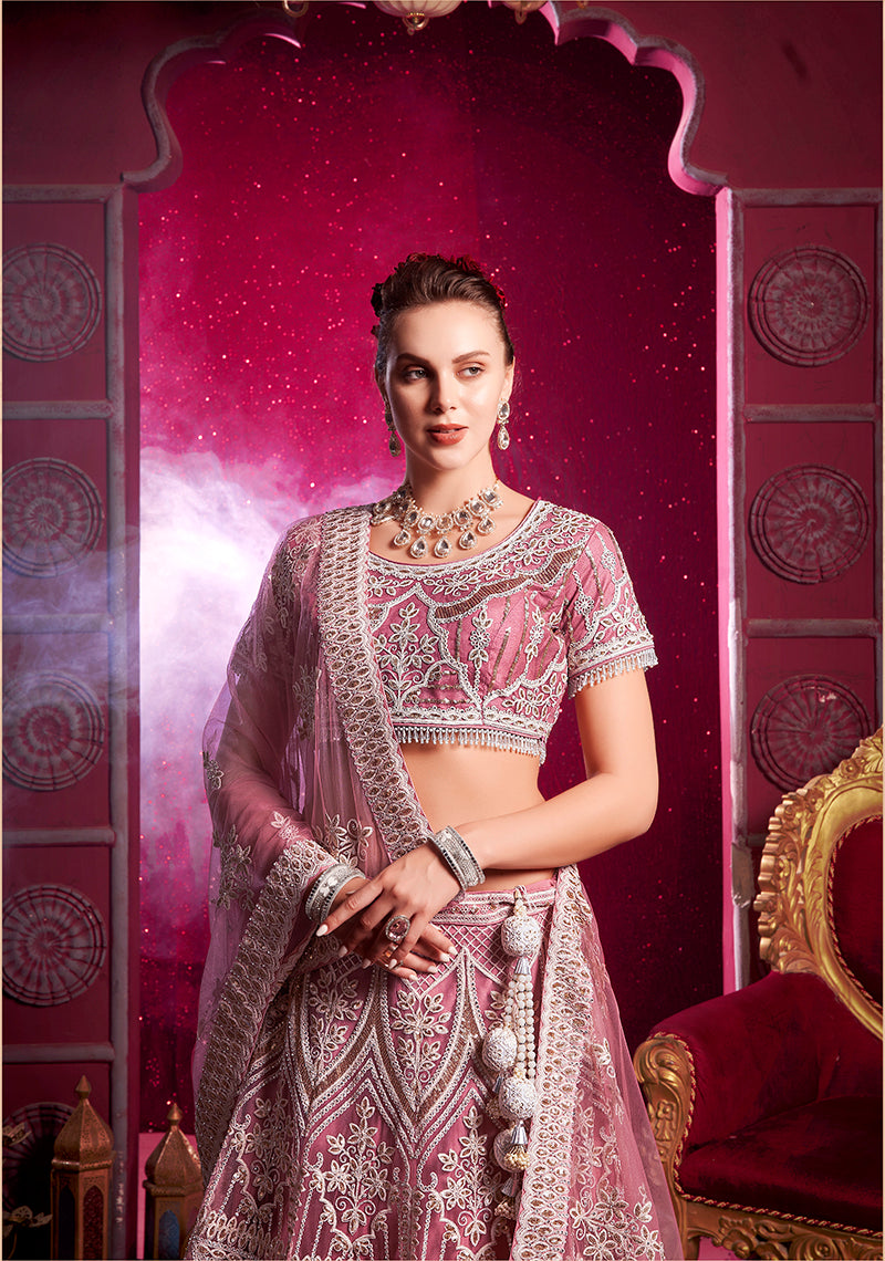 Monjolika Fashion Embroidered And Sequin Work Net Pink Wedding Lehenga Choli